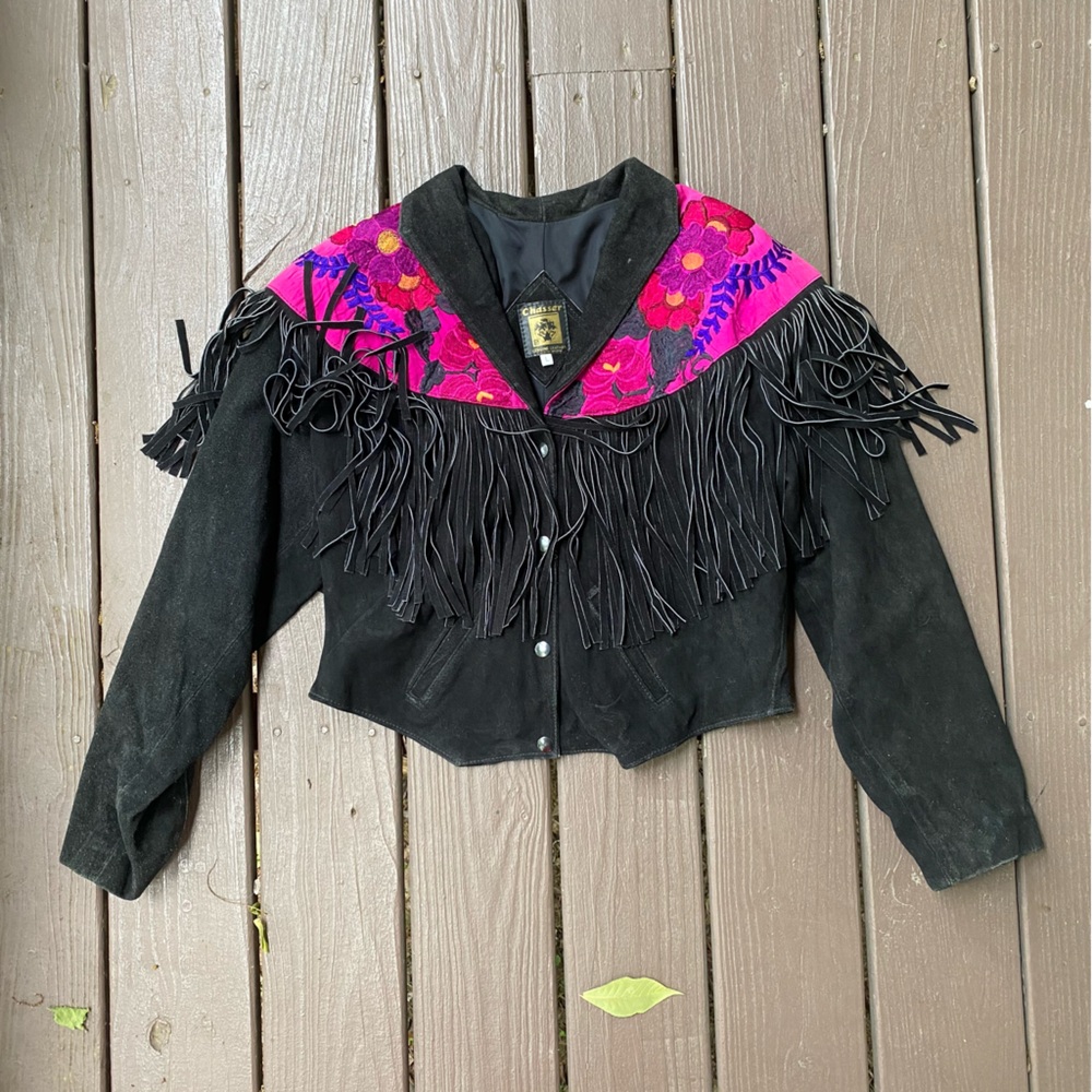 Vtg Chasser Fringe Leather Jacket Western Black Suede 90s Boho Womens L Cowgirl
